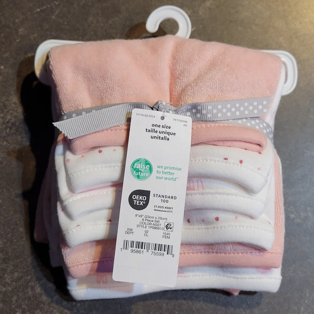 Carter's 6 Pack Pink Wash Cloths Baby Shower Girl Gift Set NWT Sheep Polka Dots